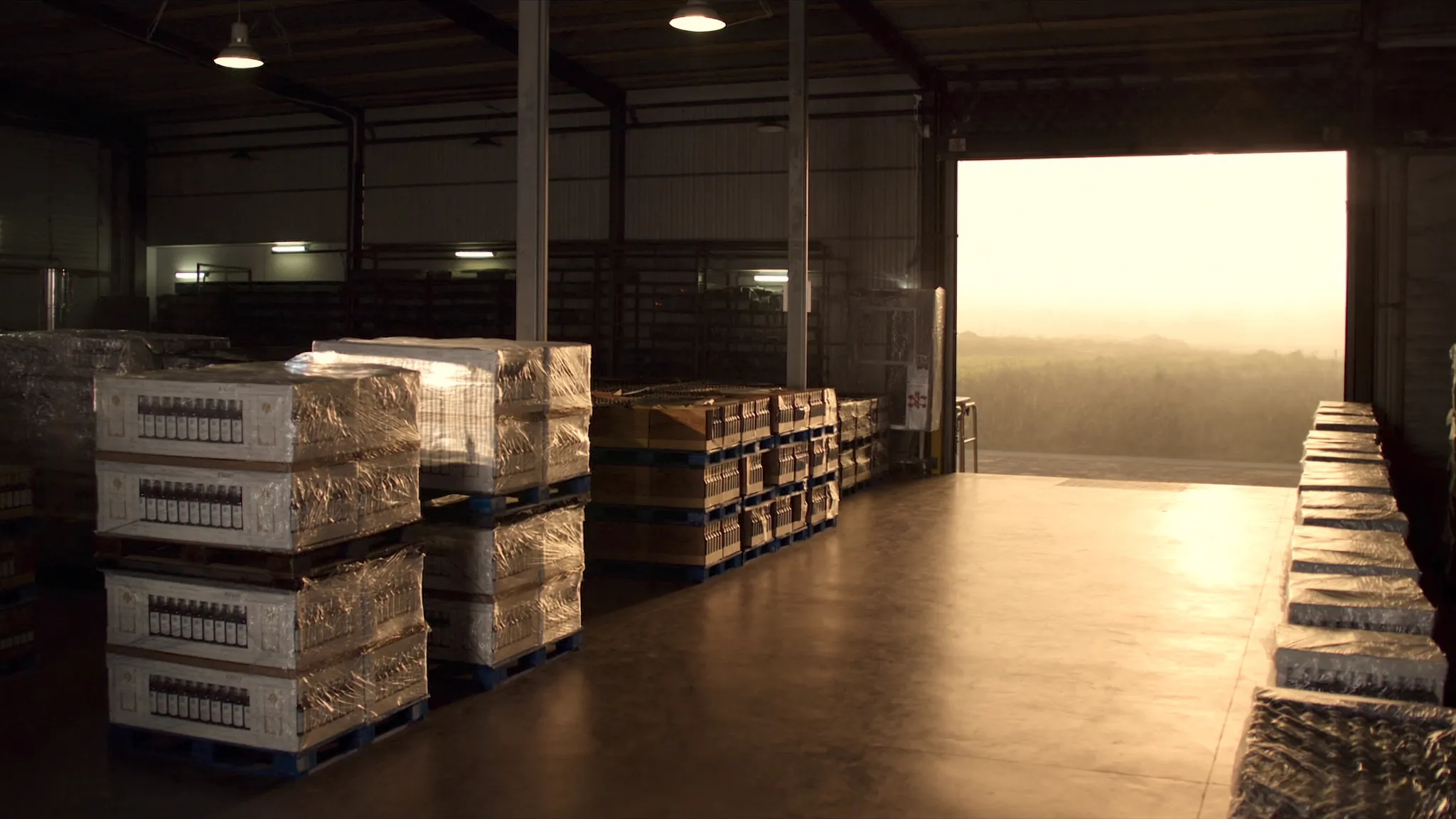 Tarimas de madera con cajas de bebidas emplayadas listas para exportación